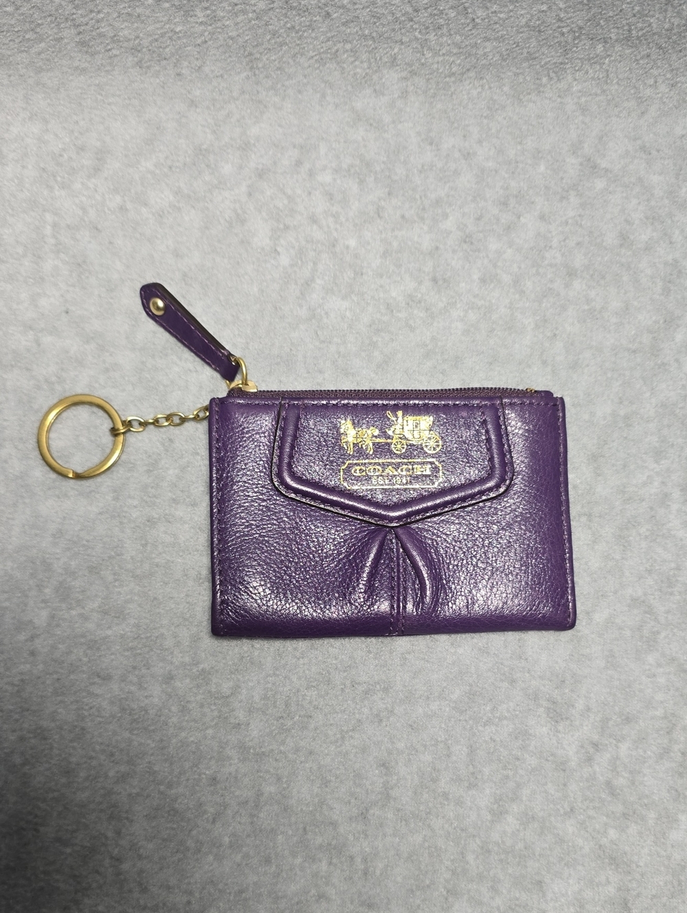 Coach Purple Leather Zip Card Case Keychain